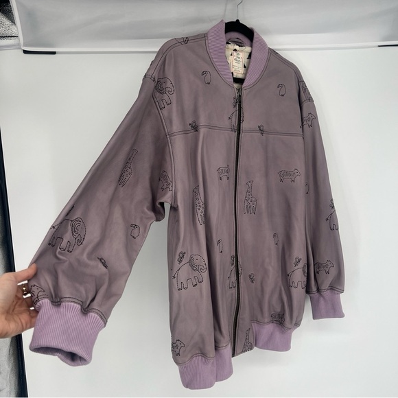 Free People Purple Oversized Leather Animal Print Embroidered Bomber Jacket S - Picture 3 of 10